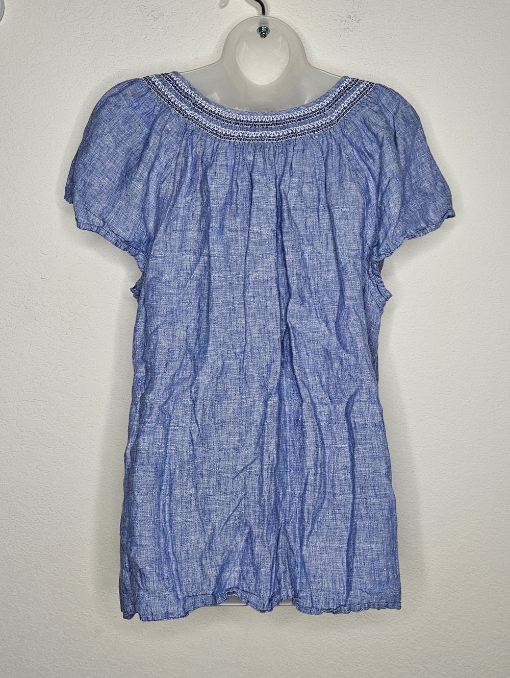 Talbots 100% Linen Embroidered Boho V Neck Peasant Short Sleeve Relaxed Boxy Top - Picture 7 of 10
